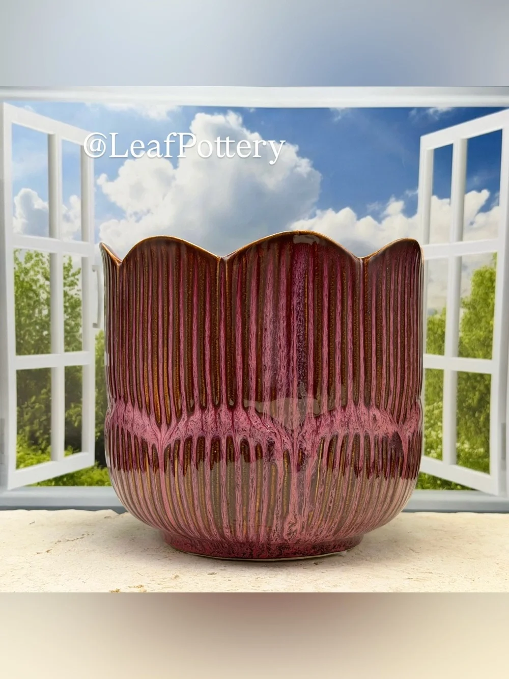 Ceramic Plant Pot with Drainage, 7 Inch Fluted Flower Planter, Pink Brown Glazed